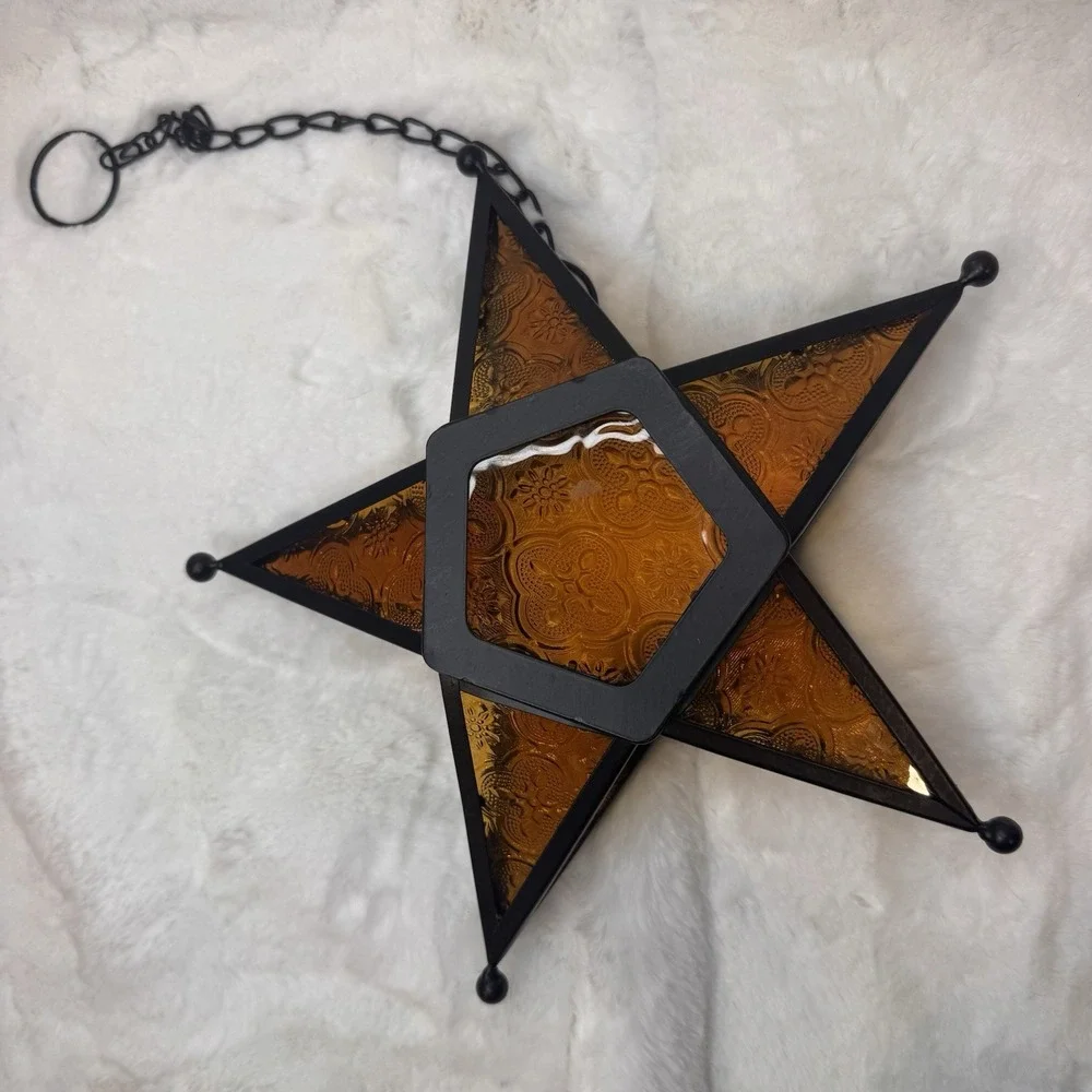 VTG Moroccan Star Style Amber Glass Metal Hanging Tea Light Candle Lantern 9.5